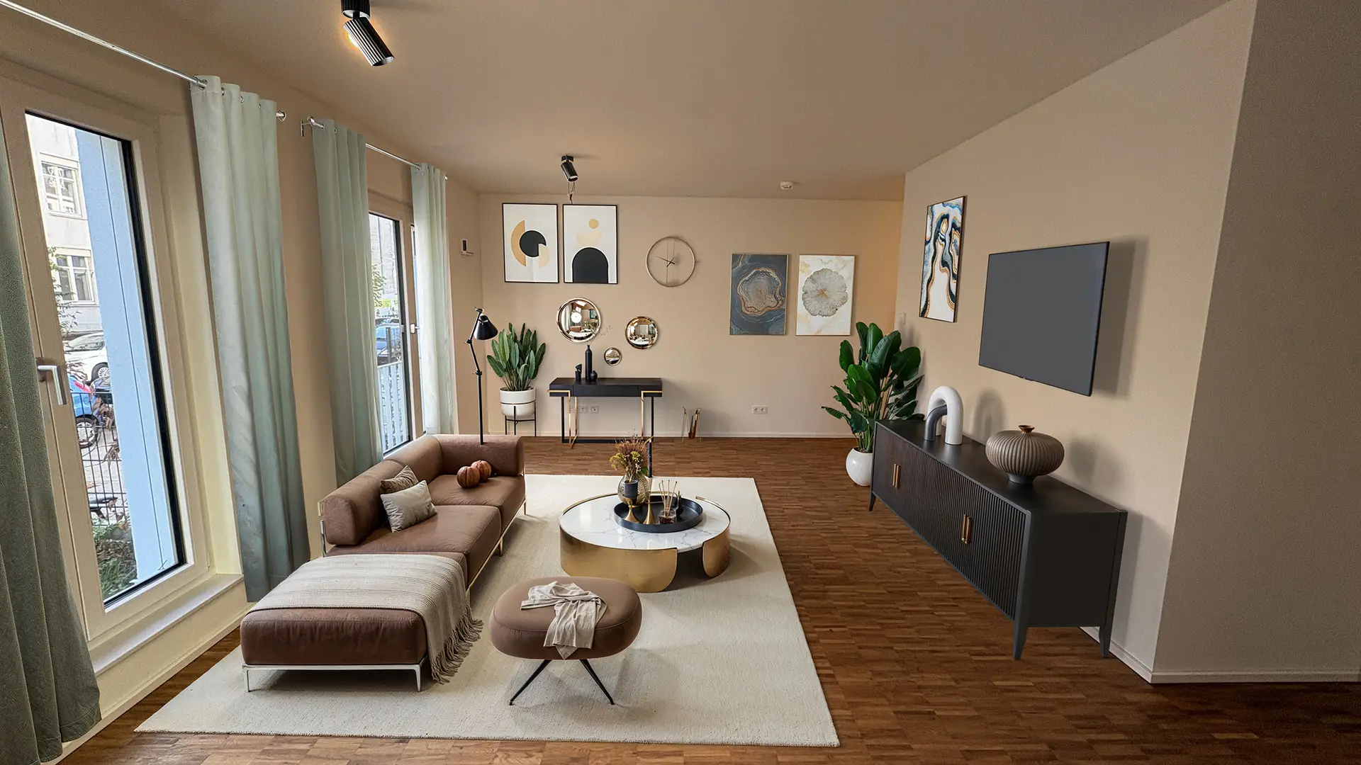 Wohnbereich der 2-Zimmer-Wohnung mit großen Fenstern und Parkettboden